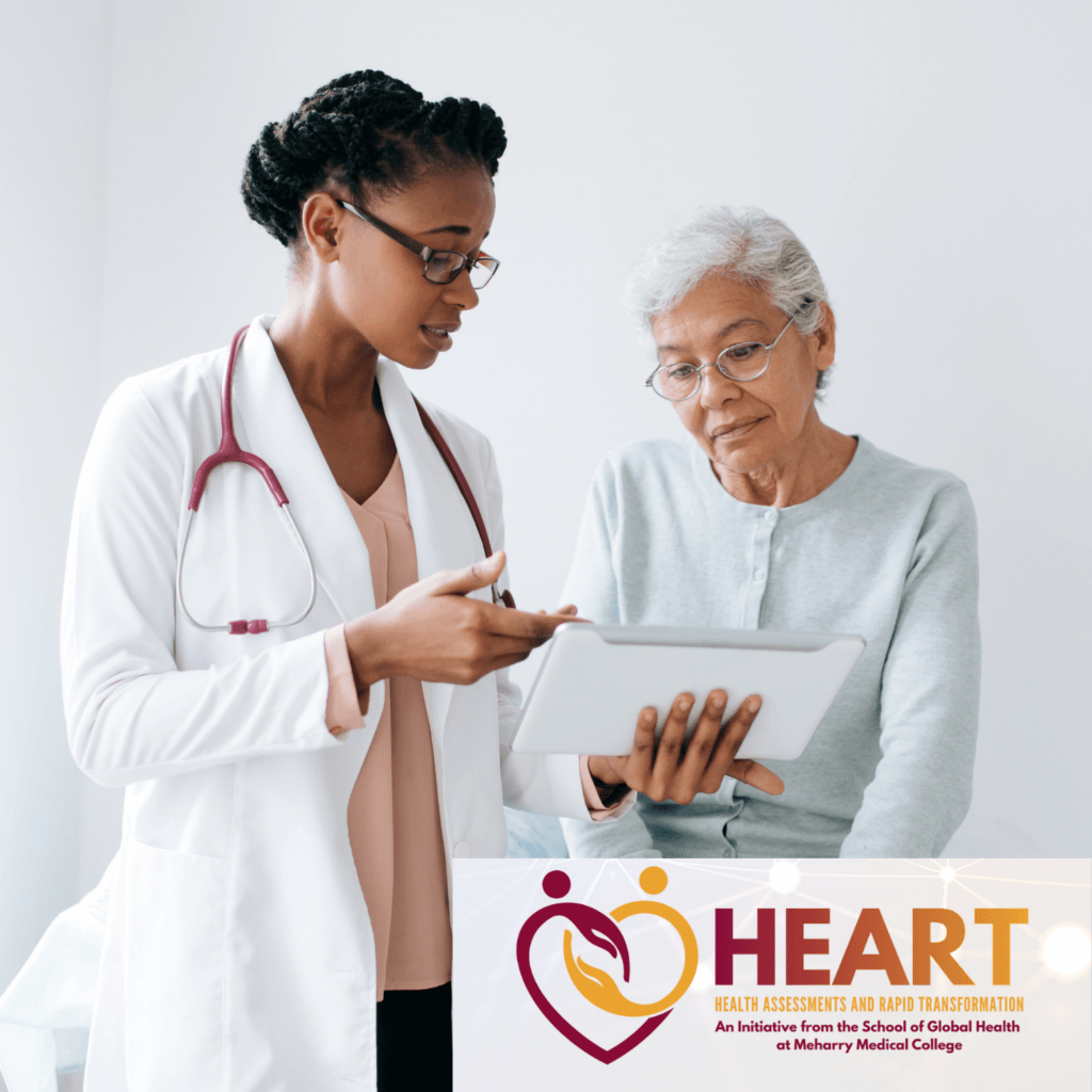 A clinician with a stethoscope reviews information on a tablet with an older adult patient, standing side by side in a clinical setting. The HEART Initiative logo appears at the bottom, representing Health Assessments and Rapid Transformation from the School of Global Health at Meharry Medical College.
